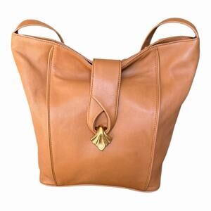 Vintage Liz Claiborne Caramel Leather Handbag Gold Hardware Slouchy Shoulder Bag